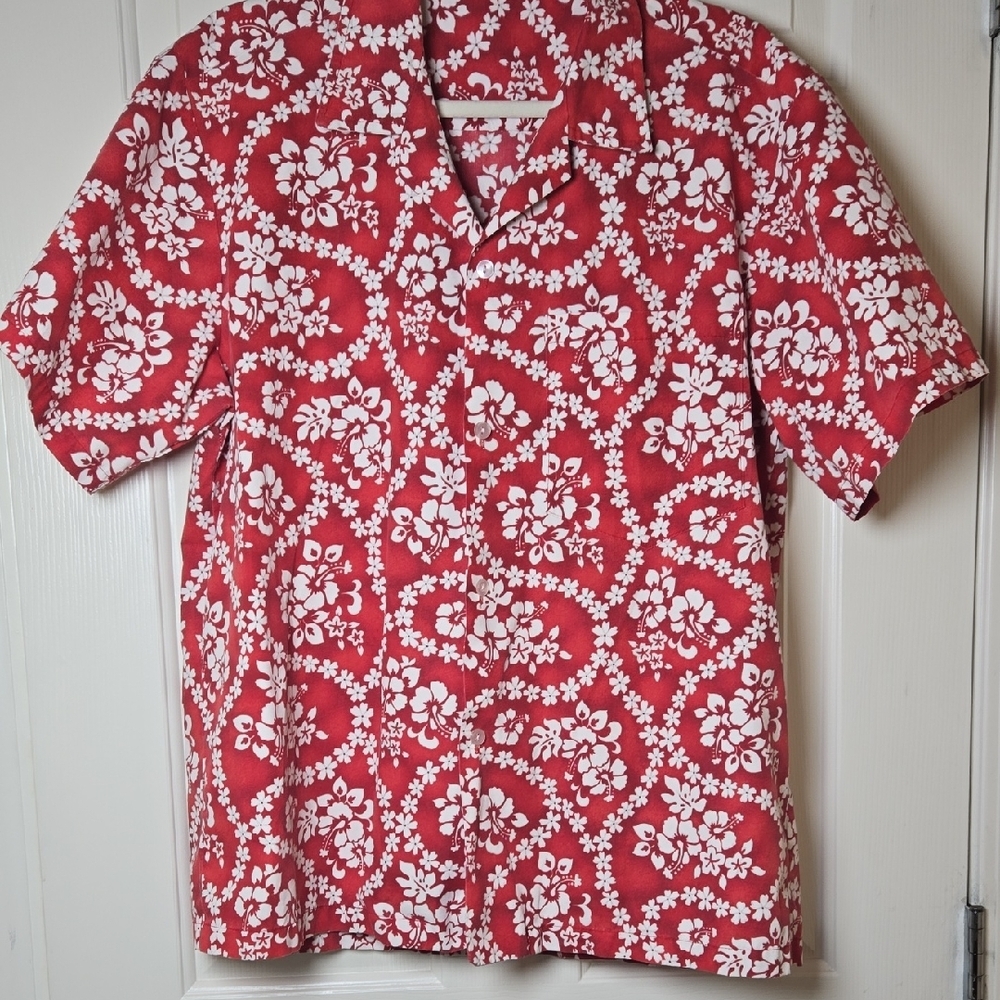 Source Unknown Lg Vtg Red & White HAWAIIAN SHIRT 🌸 LAZY DAYS BEACH OR BBQ VIBES